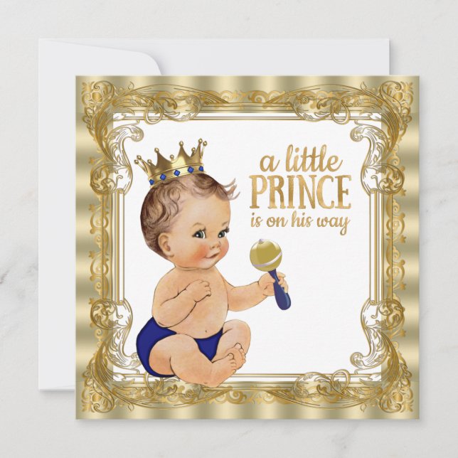 Blå Guld Prins Baby Shower Inbjudningar (Framsida)