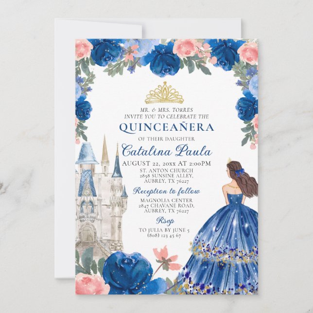 Blå Guld Prinsessa Slott Quinceañera Inbjudan (Framsida)