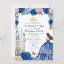 Blå Guld Prinsessa Slott Quinceañera Inbjudan