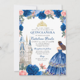 Blå Guld Prinsessa Slott Quinceañera Inbjudan