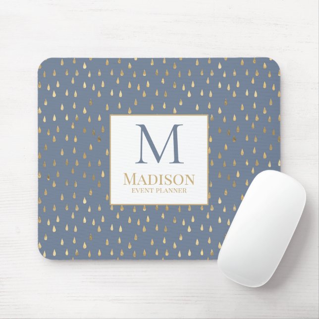 Blå Guld Regndroppe Modern Trendig Monogram Musmatta (Med mus)