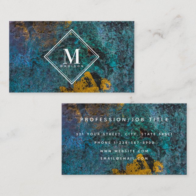 Blå Guld Rost Metallisk Textur Monogram Initial Visitkort (Fram/baksida)