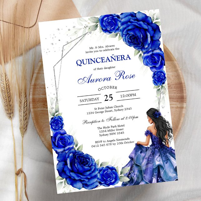 Blå Guld Silver Mis Quince Quinceañera Födelsedag Inbjudningar (Skapare uppladdad)