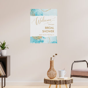 Blå Guld Sjön Vattenfärg Bröllopsdusch Välkommen Poster