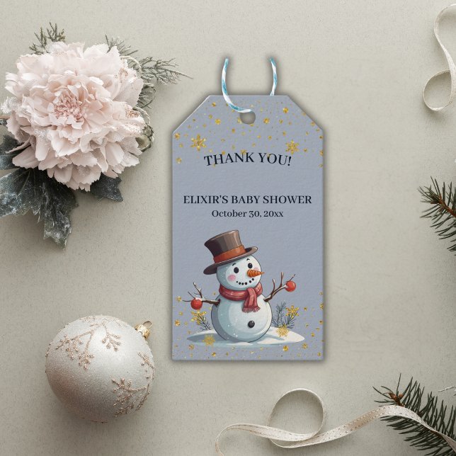 Blå & Guld Små Snöflingor Snemannens Bebis Shower Presentetikett (Skapare uppladdad)
