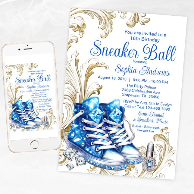 Blå guld sneakers ball födelsedagsfest inbjudan (Girl Blue Gold Sneaker Ball Invitation with diamond sneakers.)