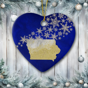 Blå Guld Snowflake Iowa Heart Julgransprydnad Keramik