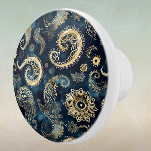 Blå Guld Steampunk Kugghjul Paisley Elegant Knopp