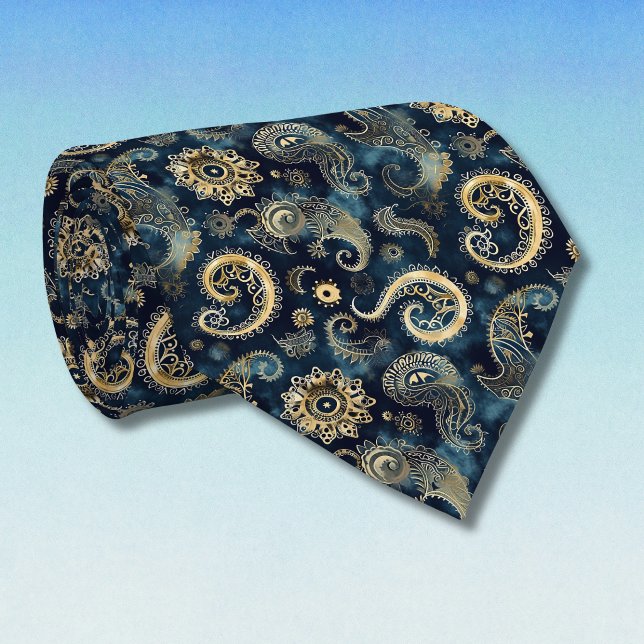 Blå Guld Steampunk Kugghjul Paisley Elegant Slips (Skapare uppladdad)