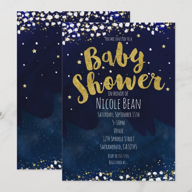 Blå & Guld Stjärnklara Baby Shower Inbjudan (Fram/baksida)