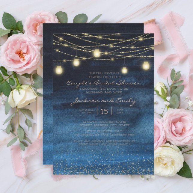 Blå Guld String Ljus Piles Möhippa Inbjudningar (Navy blue and gold string lights couples bridal shower invitation)