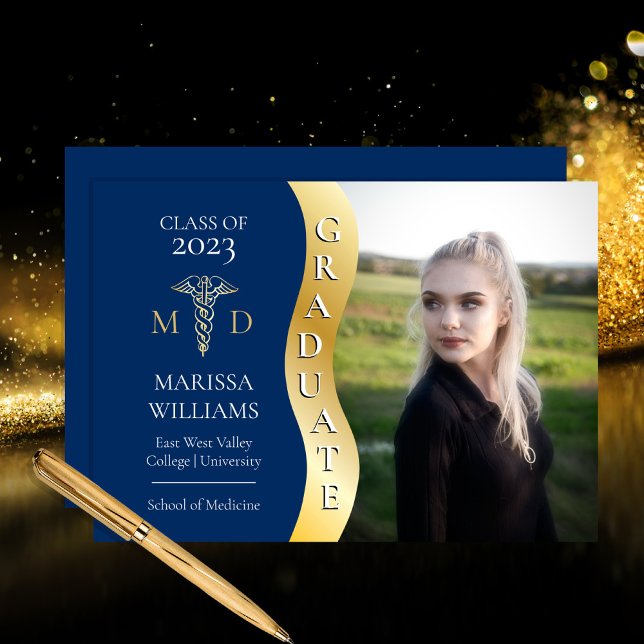 Blå Guld-Student Wave Caduceus MD Medical Grad Meddelande (Skapare uppladdad)