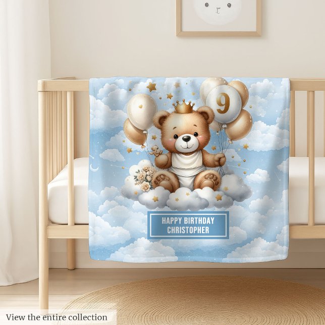 Blå guld teddy-filt personlig 9:e födelsedag fleecefilt (Blue gold teddy blanket personalized 9th birthday)