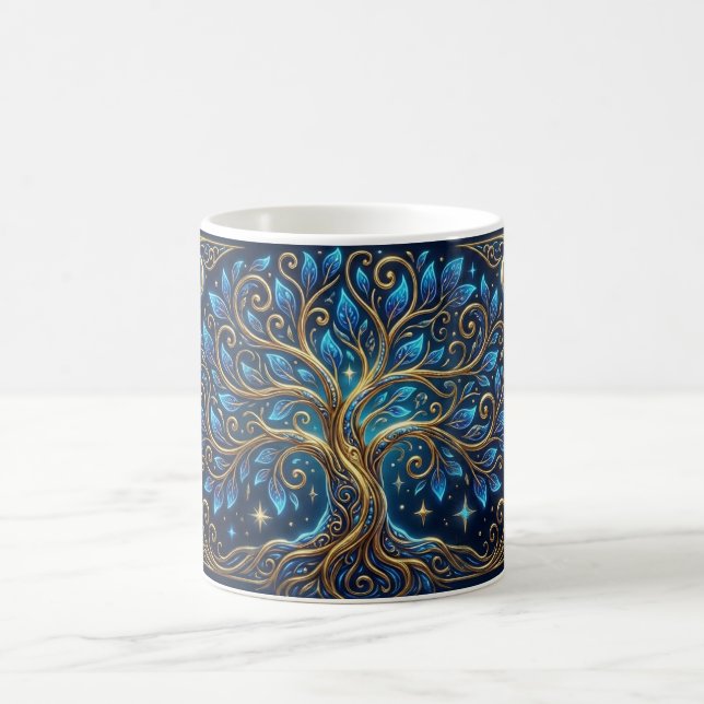 Blå Guld Träd Konst Kaffemug | Estetisk Natur Kaffemugg (Center)