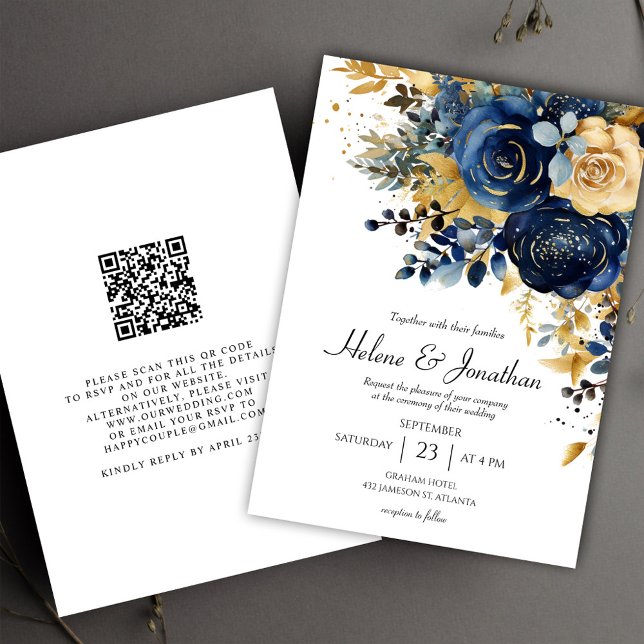 Blå Guld Trädgård Elegant Bröllop Inbjudningar (Floral Navy Blue Gold Garden Elegant Wedding Invitation)