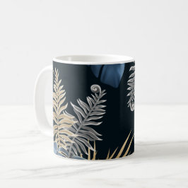 Blå Guld Tropiska Palmbladsmönster Konst Kaffemugg