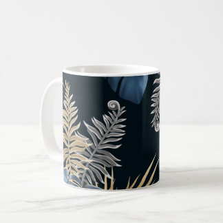 Blå Guld Tropiska Palmbladsmönster Konst Kaffemugg