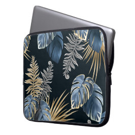 Blå Guld Tropiska Palmbladsmönster Konst Laptop Fodral