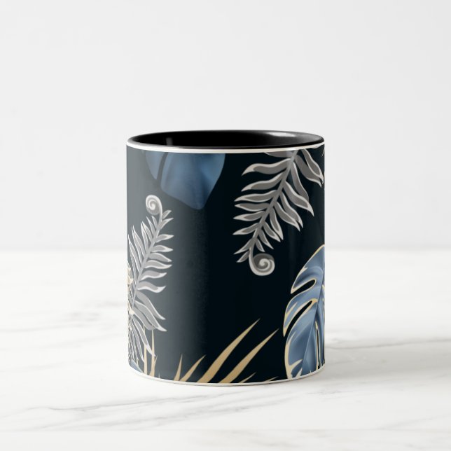 Blå Guld Tropiska Palmbladsmönster Konst Två-Tonad Mugg (Center)