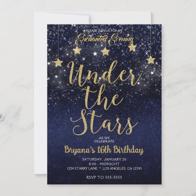 Blå Guld under Stars Starry Night Sweet 16 Inbjudningar (Framsida)
