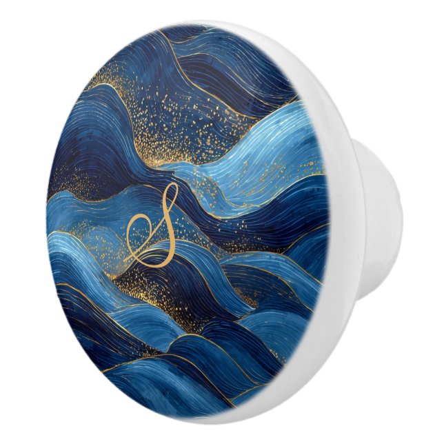 Blå Guld Våg Monogram Konst Design Knopp (Höger)