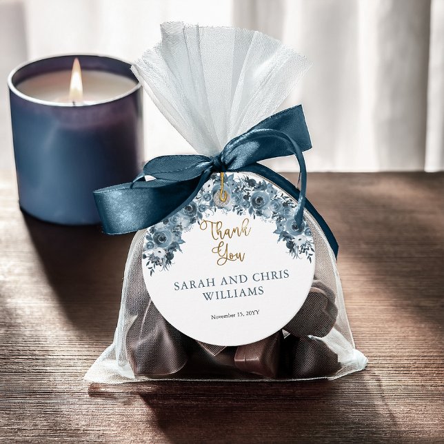 Blå Guld Vattenfärg Blommiga Tacksamtgåvor Etikett (Elegant Blue Gold Tone Watercolor Floral "Thank You" Favor Tags -- Baptism, Wedding, Bridal)