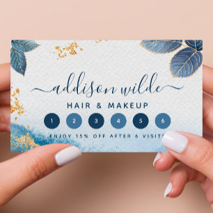 Blå Guld Vattenfärg Botaniska Blad Abstrakt Lojalitetskort