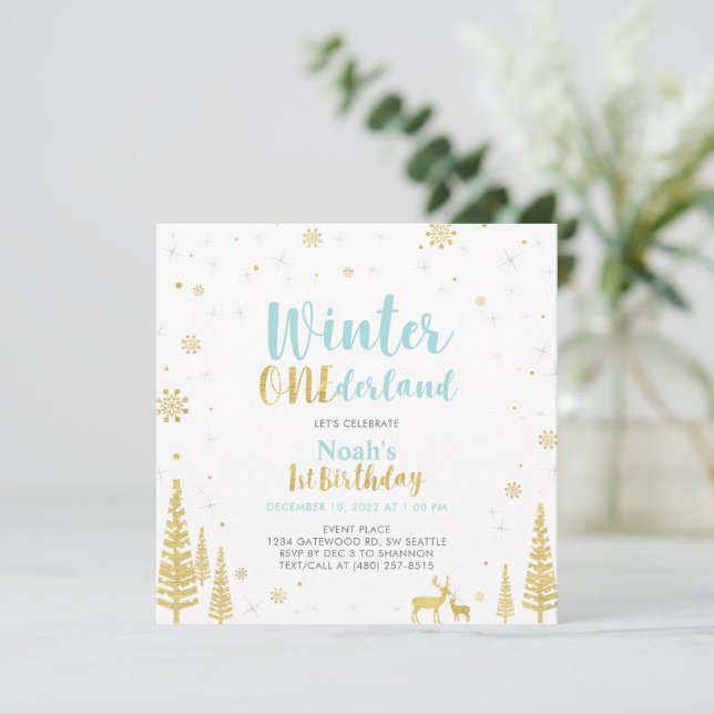Blå & Guld Vinter Onederland 1:a Första Födelsedag Inbjudningar (Stående Fram)