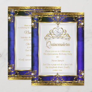 Blå Guld Vit Pärla Prinsessa Quinceanera Inbjudningar