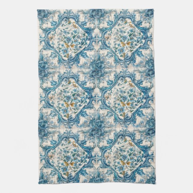 Blå Guld & Vit Talavera Azulejo Kakel Utseende 3 Kökshandduk (Vertikal)