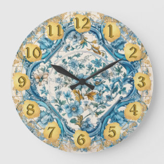 Blå Guld vit Talavera Azulejo-kökökökök Stor Klocka