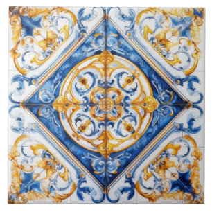 Blå Guld & Vit Talavera Azulejo Utseende Kakel