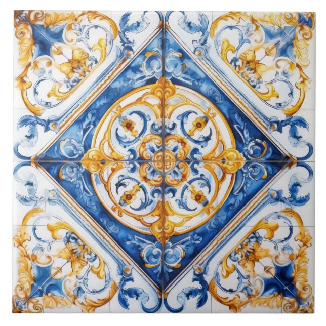 Blå Guld & Vit Talavera Azulejo Utseende Kakel (Framsidan)