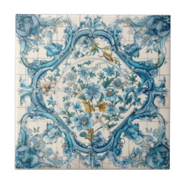 Blå Guld & White Talavera Azulejo Se ruta 3 Kakelplatta