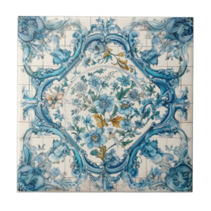 Blå Guld & White Talavera Azulejo Se ruta 3 Kakelplatta