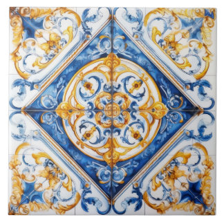 Blå Guld & White Talavera Azulejo Titta Tile Kakelplatta
