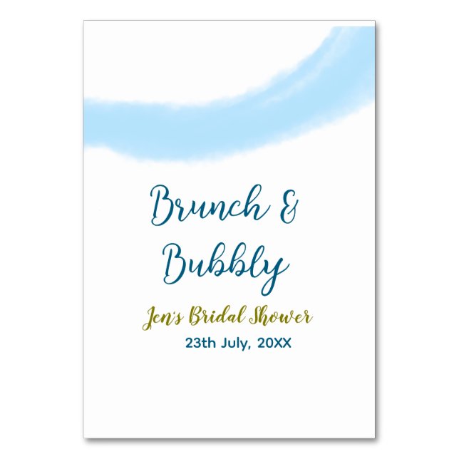 Blå guldfärgad vattenbubbla och brunch möhippa sh bordsnummer (Framsidan)