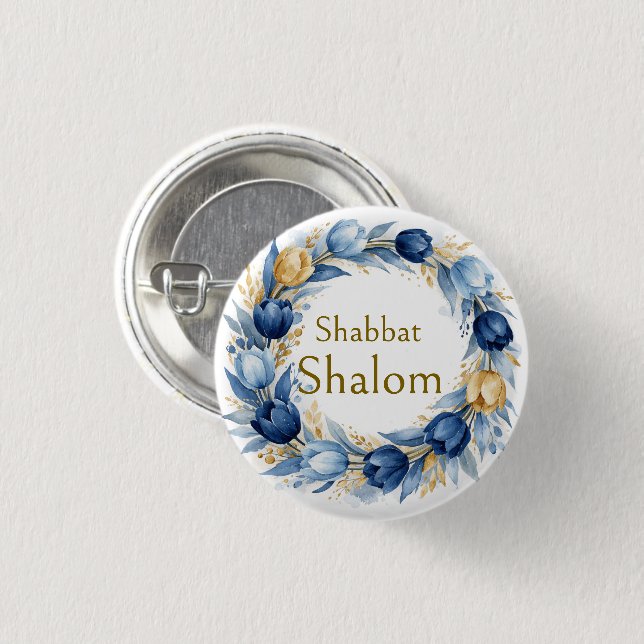 Blå Guldkrans, Shabbat Shalom Akvarell Glam Knapp (Framsida & baksida)