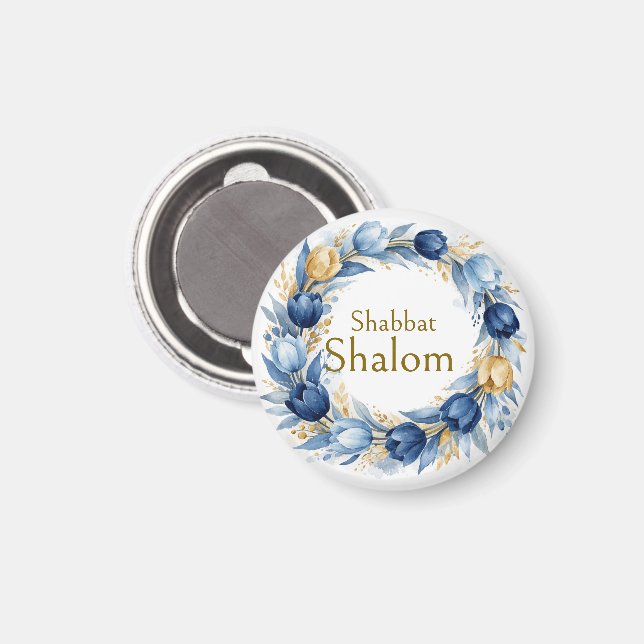 Blå Guldkrans, Shabbat Shalom Akvarell Glam Magnet (Front/Back)