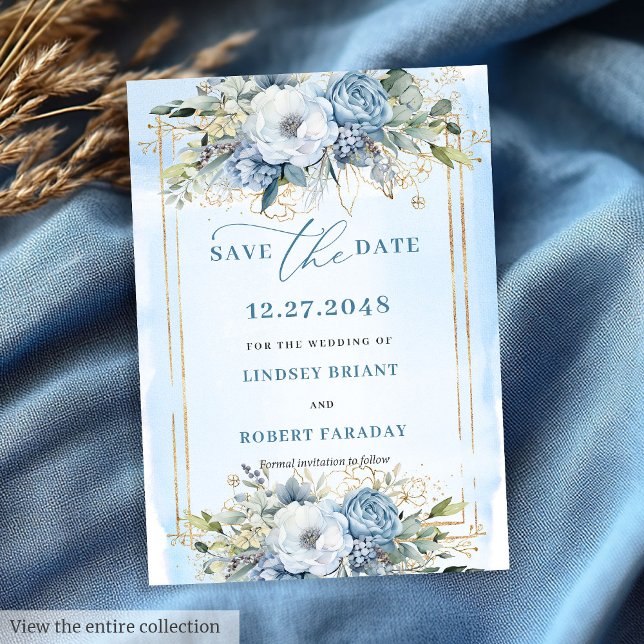 Blå gulfenad Blommigt för guldfärgad olja Spara da Inbjudningar (Gold Foil Dusty Blue White Floral Save The Date)