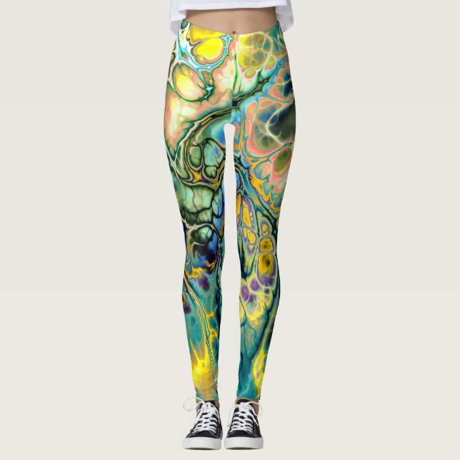 Blå Gult av Flower Power FRACTAL BATIK Teal-modell Leggings (Framsida)