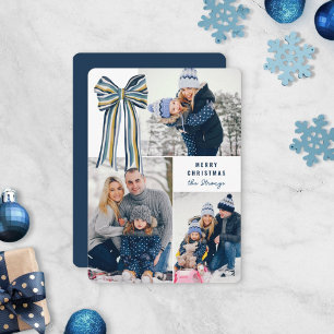 Blå Gult Big Stripe Bow God jul Photo Julkort