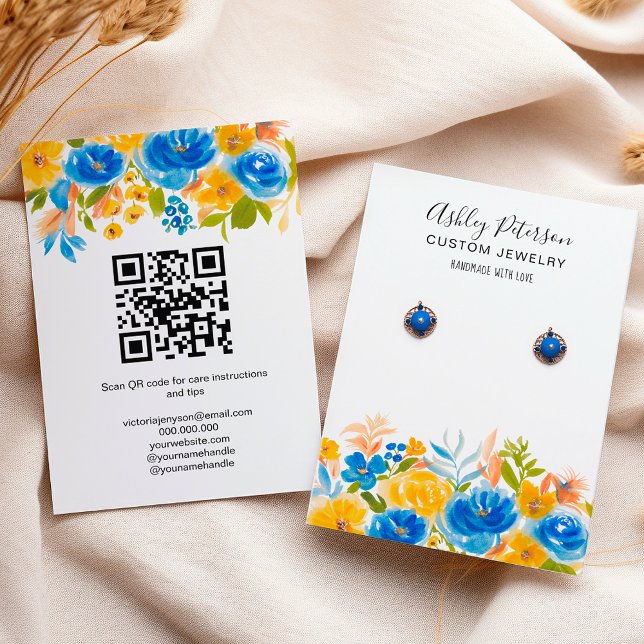 Blå gult blommigt boho jewelry earring visning visitkort (Blue yellow floral boho jewelry earring display business card)