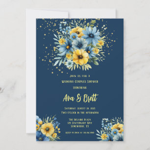 Blå Gult Blommigt Guld Bröllop, par Shower Inbjudningar