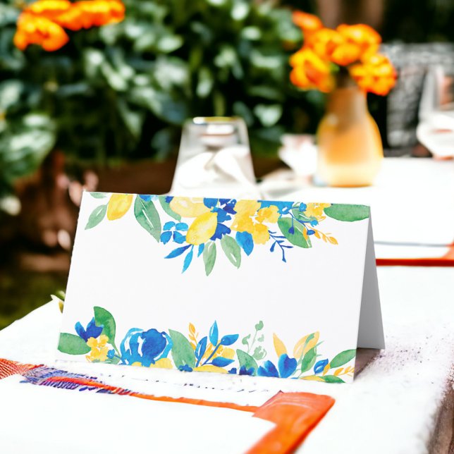 Blå gult citroner blommigt möhippa namn placeringskort (Blue yellow lemons floral bridal shower name place card)