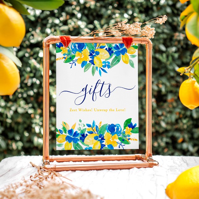 Blå gult, citroner, blommigt, möhippa poster (Blue yellow lemons floral gifts bridal shower poster)