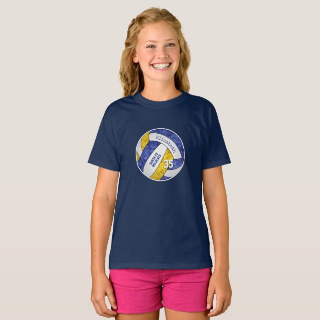 Blå gult-flickans volleyball-laganda t shirt (Hel framsida)