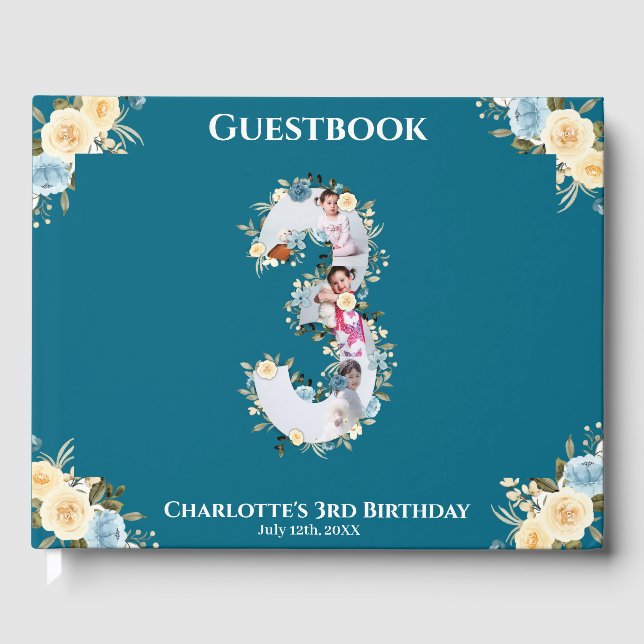 Blå Gult för blomning från tredje födelsedag Gästböcker (Framsida)