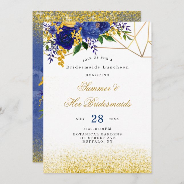 Blå Gult Guld Blommigt Bridesmaids Luncheon Inbjudningar (Fram/baksida)