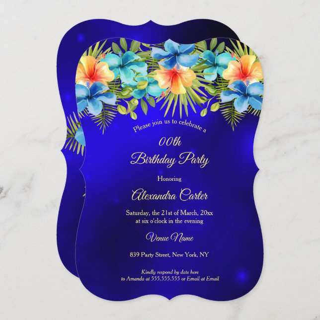 Blå gult Hibiscus Tropiska Blommigten Party Inbjudningar (Fram/baksida)